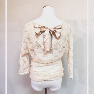 Cream Mesh Long Sleeve Top with Silk Bow